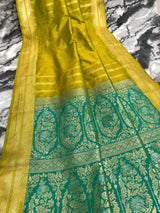 Preferable Yellow Soft Banarasi Silk Saree With Fairytale Blouse Piece