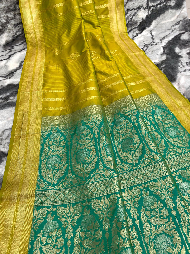 Preferable Yellow Soft Banarasi Silk Saree With Fairytale Blouse Piece