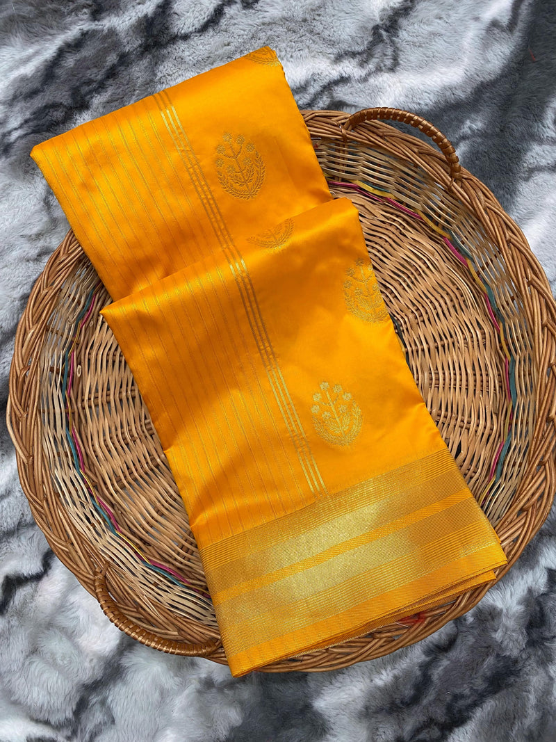 Preferable Yellow Soft Banarasi Silk Saree With Fairytale Blouse Piece