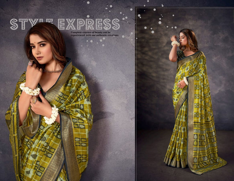 Green and Yellow Ikat Cotton Saree with Contrast Border - Perfect Blend of Tradition and Style.