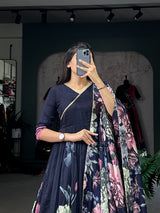 FLORAL PRINT TUSSAR SILK GOWN