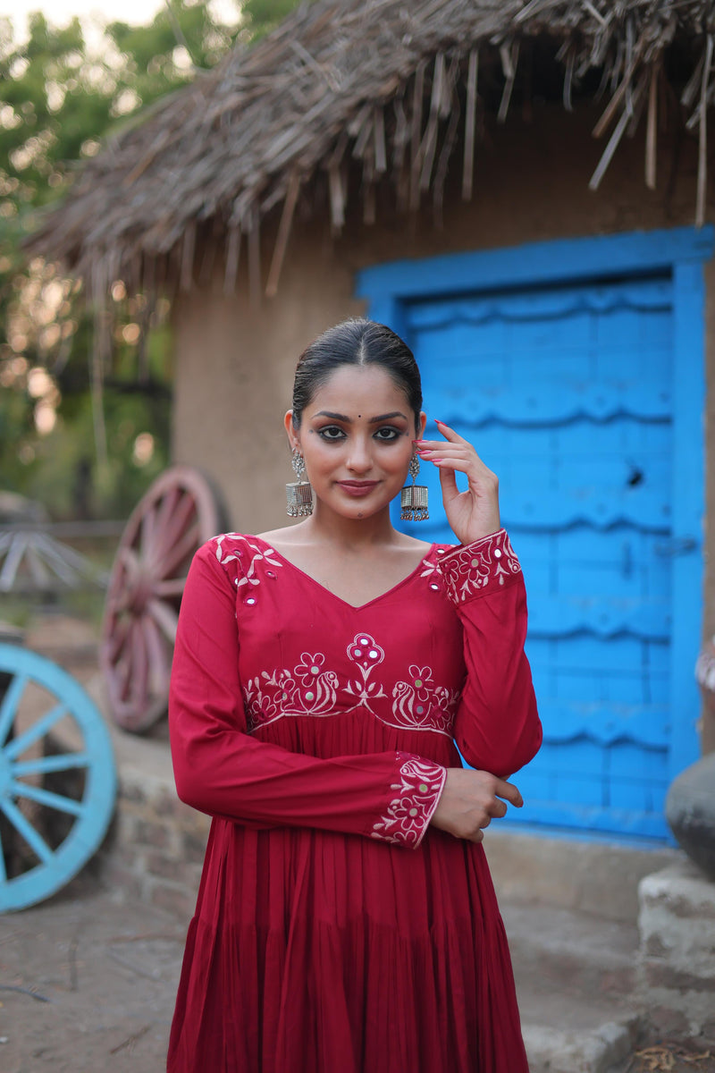 RED MIRROR WORK GOWN