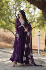 RED & PURPLE ZARI SEQUINS-WORK GOWN