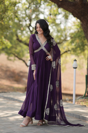 RED & PURPLE ZARI SEQUINS-WORK GOWN
