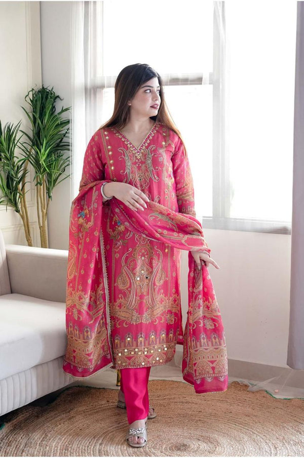 Pink & Purple Print Suit Set with Heavy Stone Work & Dupatta