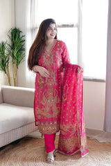 Pink & Purple Print Suit Set with Heavy Stone Work & Dupatta