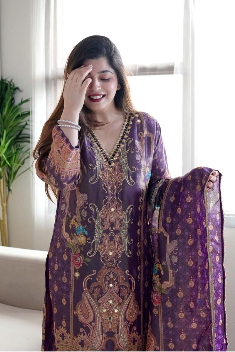 Pink & Purple Print Suit Set with Heavy Stone Work & Dupatta