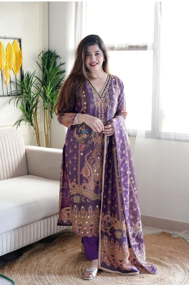 Pink & Purple Print Suit Set with Heavy Stone Work & Dupatta