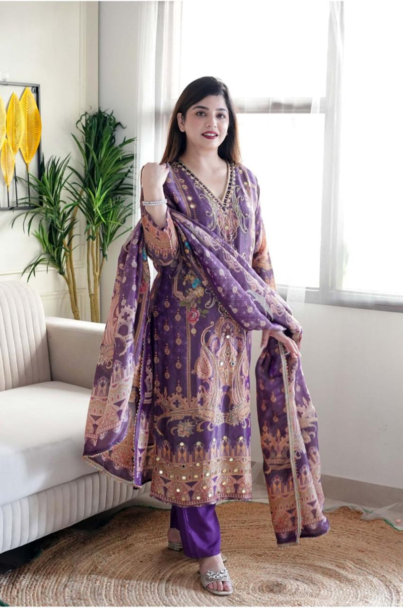 Pink & Purple Print Suit Set with Heavy Stone Work & Dupatta