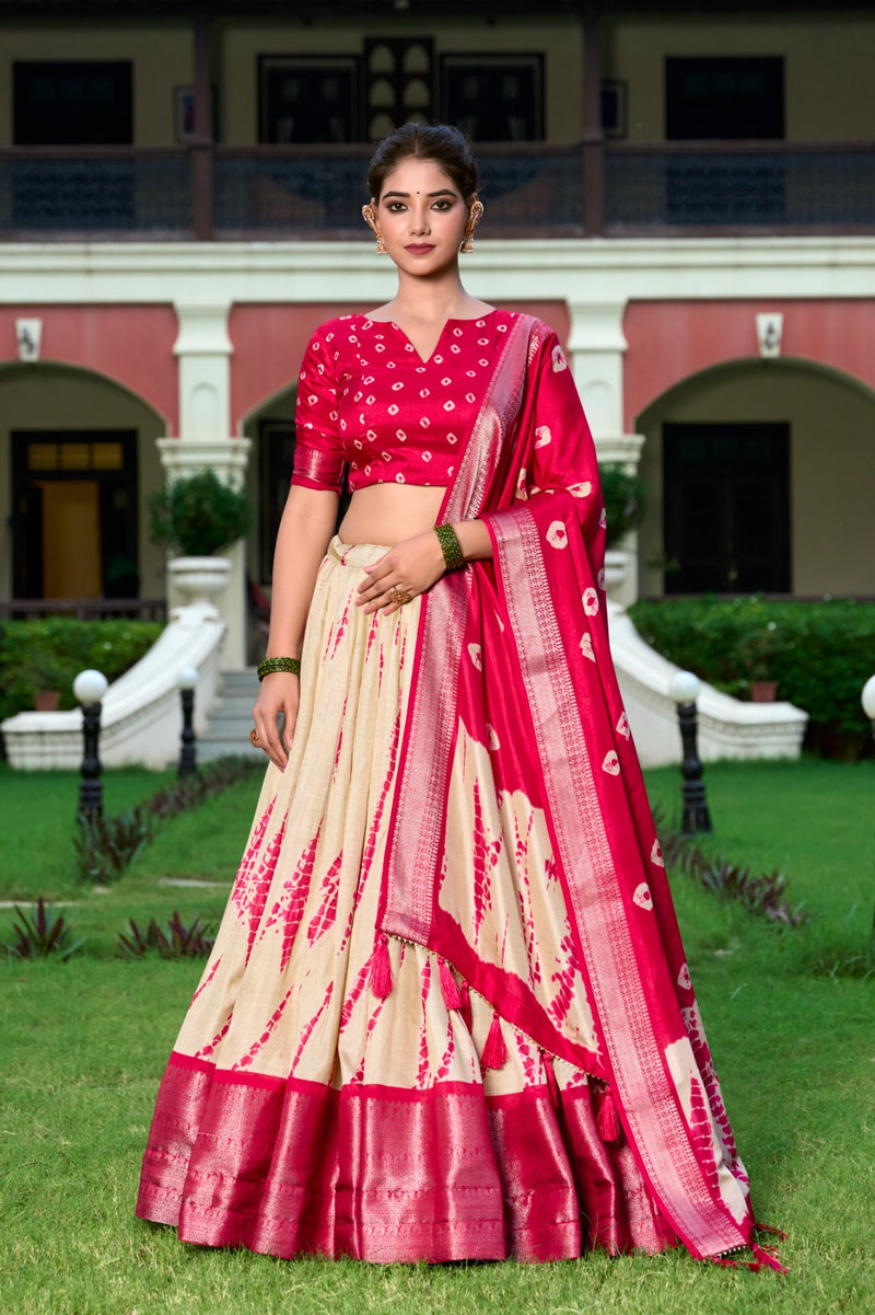 RED & YELLOW Shibori Print Dola Silk Lehenga