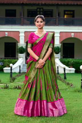 PINK & GREEN Shibori Print Dola Silk Lehenga