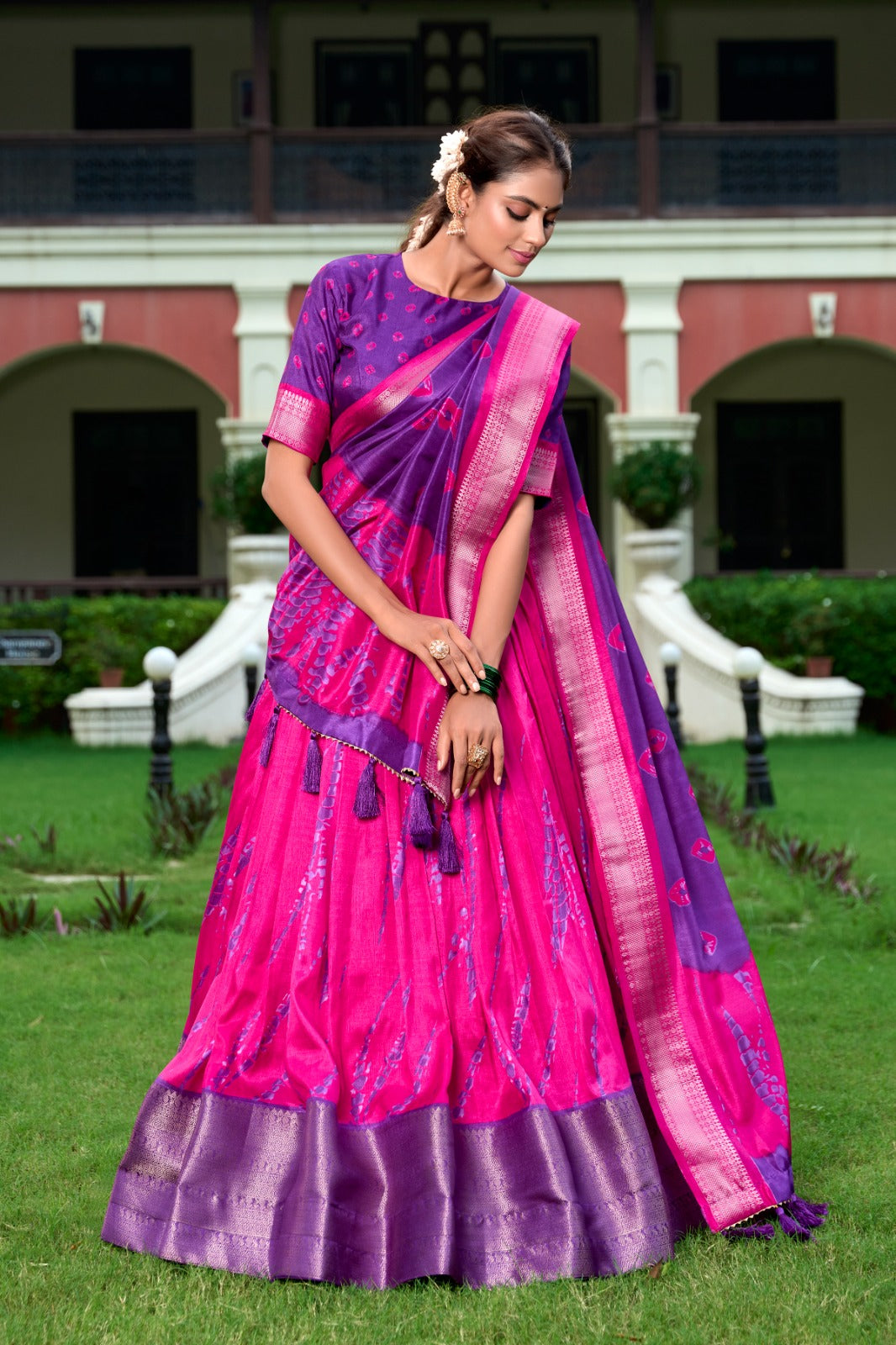 PINK & GREEN Shibori Print Dola Silk Lehenga