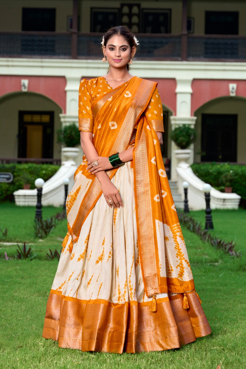 RED & YELLOW Shibori Print Dola Silk Lehenga