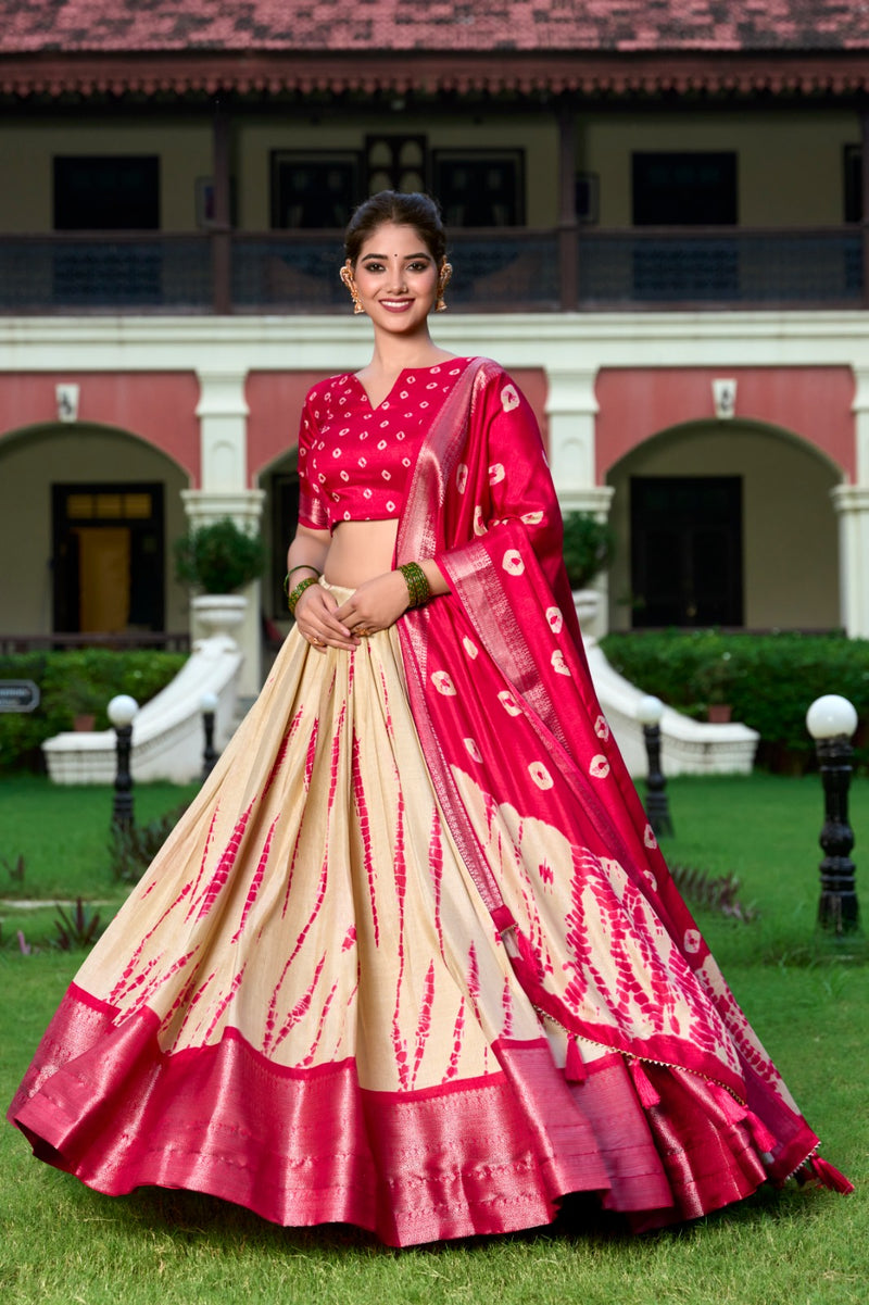 RED & YELLOW Shibori Print Dola Silk Lehenga