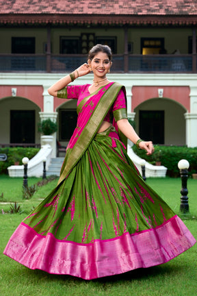 PINK & GREEN Shibori Print Dola Silk Lehenga