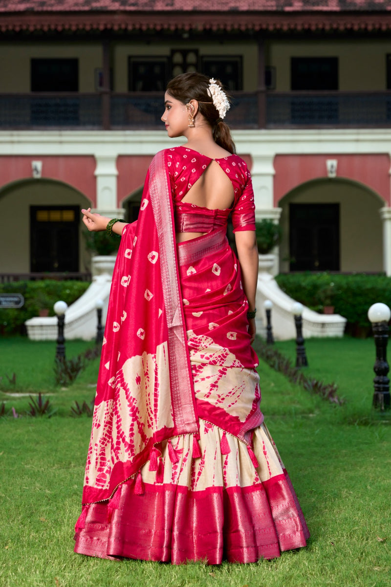 RED & YELLOW Shibori Print Dola Silk Lehenga