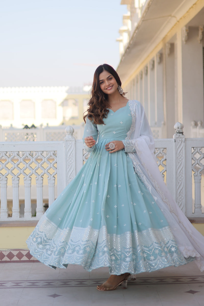 Sky blue Faux Georgette with Thread & Sequins Embroidery Gown