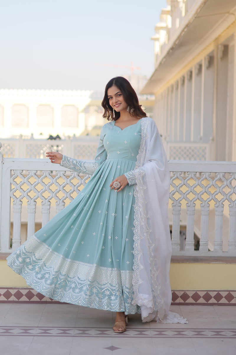 Sky blue Faux Georgette with Thread & Sequins Embroidery Gown