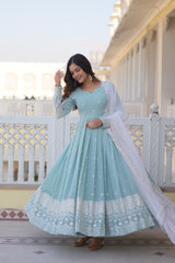 Sky blue Faux Georgette with Thread & Sequins Embroidery Gown