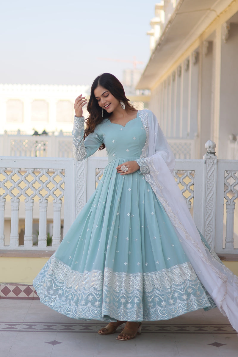 Sky blue Faux Georgette with Thread & Sequins Embroidery Gown