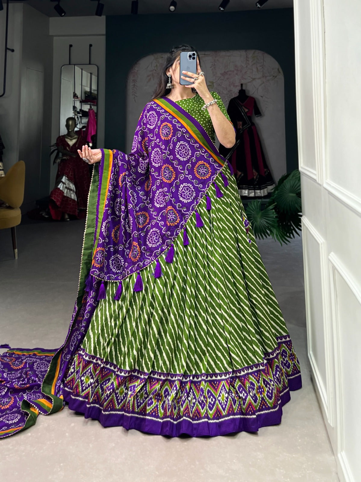 Green Tussar Silk Leheriya Print Lehenga Choli