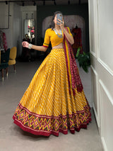 Yellow & Green Tussar Silk Leheriya Print Lehenga Choli