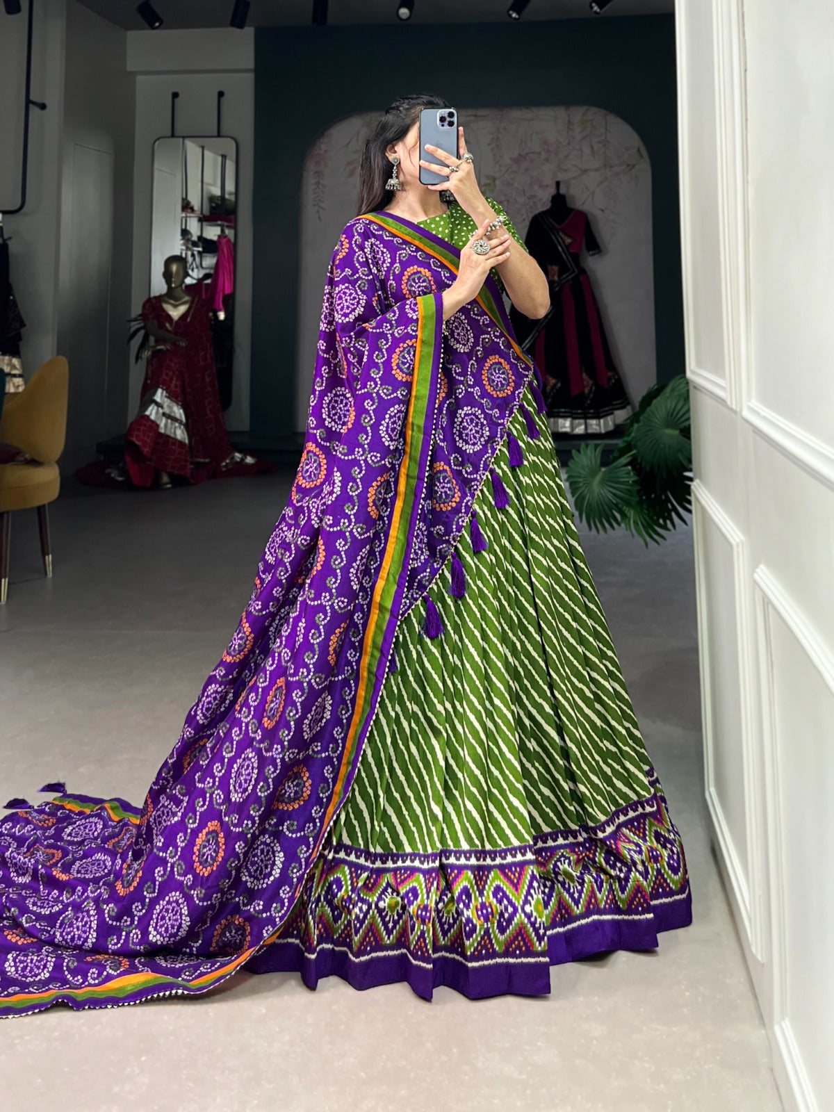 Green Tussar Silk Leheriya Print Lehenga Choli