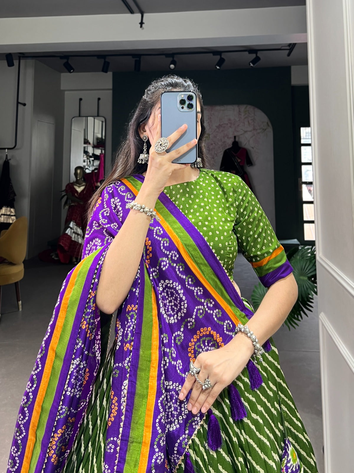 Green Tussar Silk Leheriya Print Lehenga Choli