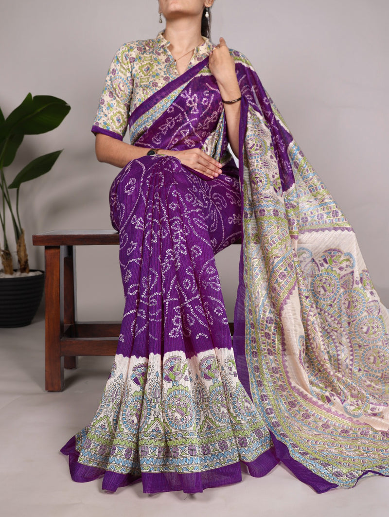 Fusion of Madhubani & Bandhej Saree