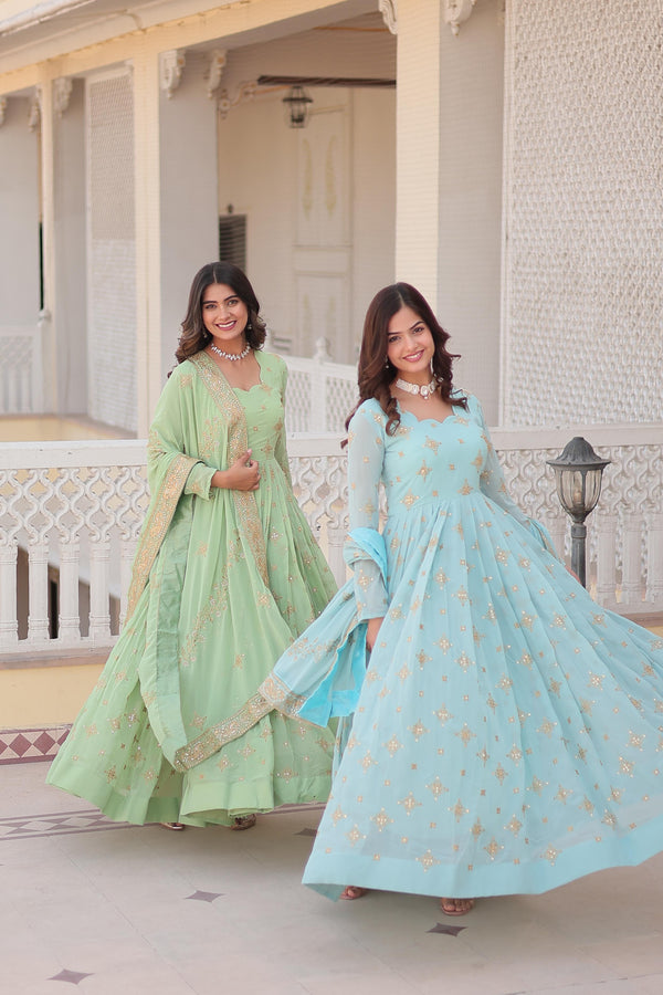 Elegant Blue & Green  Designer Gown with Dupatta