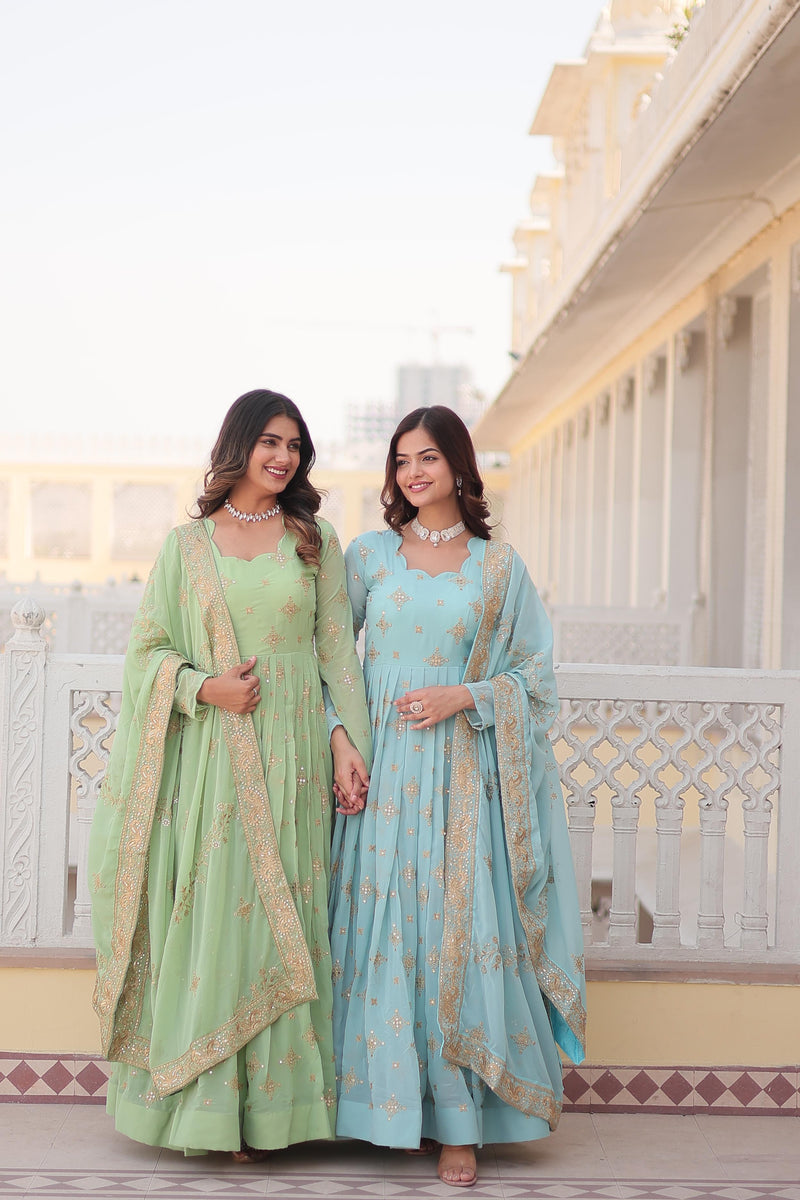 Elegant Blue & Green  Designer Gown with Dupatta