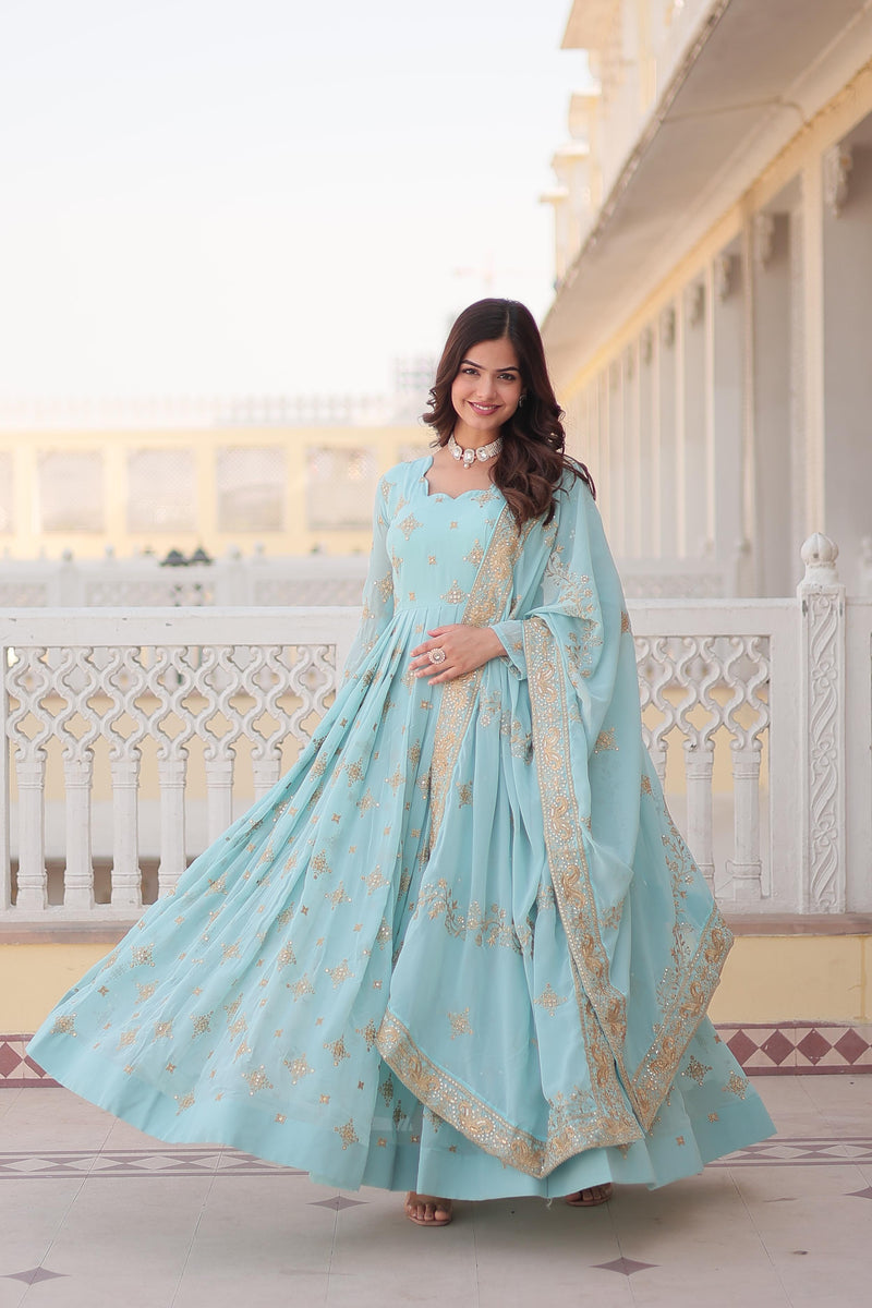 Elegant Blue & Green  Designer Gown with Dupatta