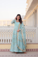 Elegant Blue & Green  Designer Gown with Dupatta