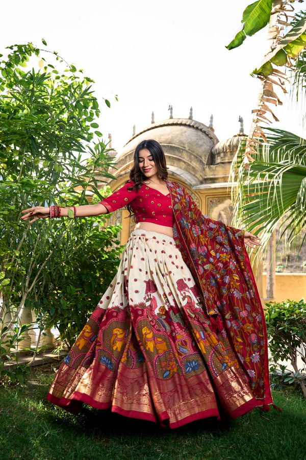 RED & WHITE COLOR Elegant Tussar Silk Kalamkari Lehenga Choli