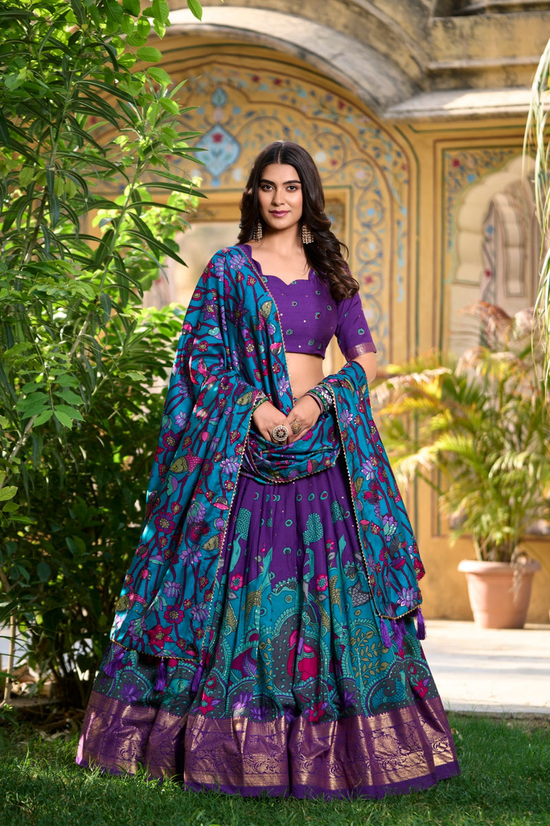 PURPLE Elegant Tussar Silk Kalamkari Lehenga Choli