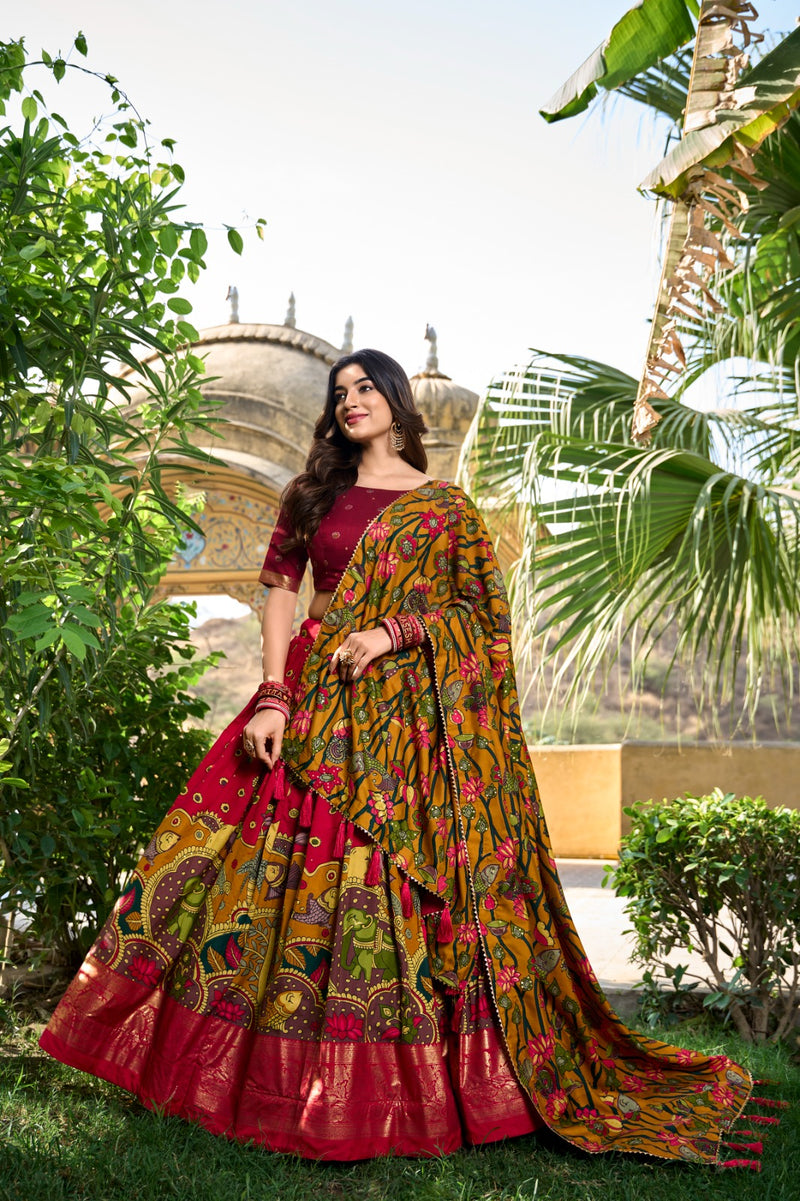 MAROON COLOUR Elegant Tussar Silk Kalamkari Lehenga Choli