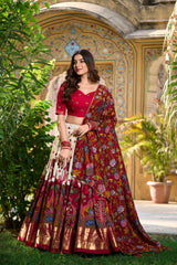 RED & WHITE COLOR Elegant Tussar Silk Kalamkari Lehenga Choli