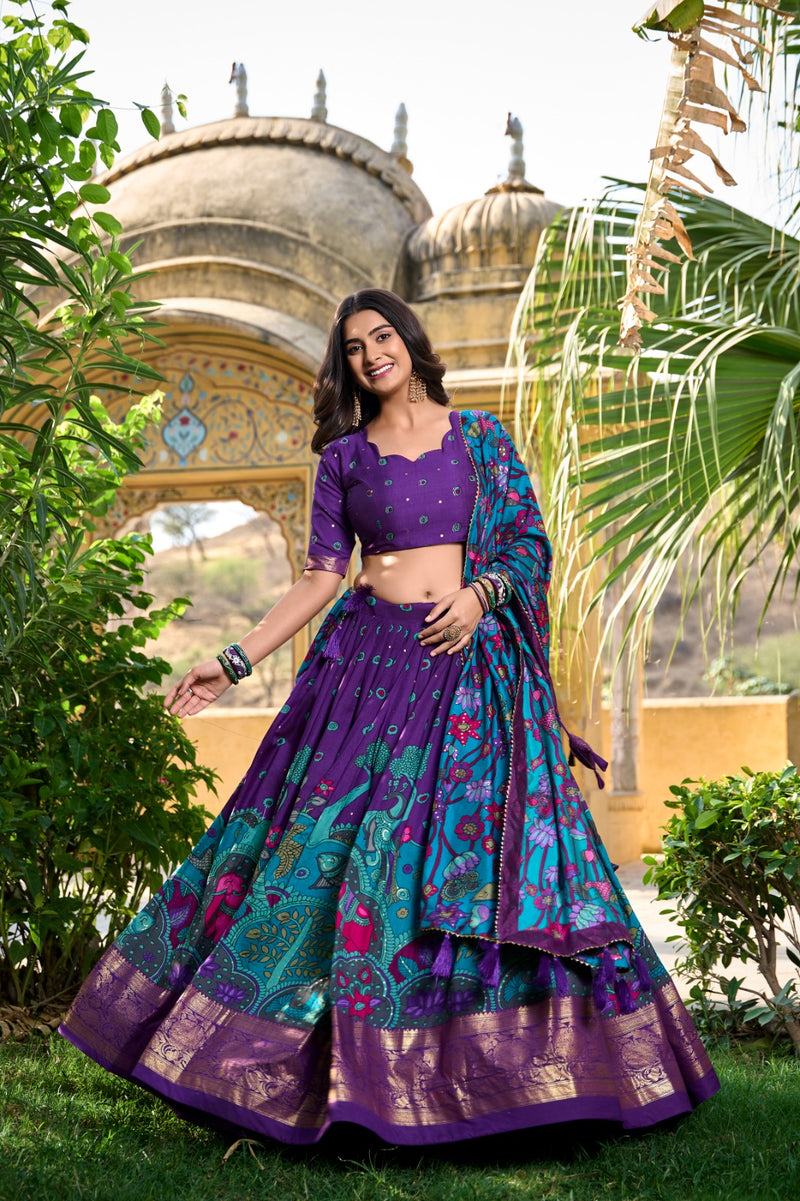 PURPLE Elegant Tussar Silk Kalamkari Lehenga Choli