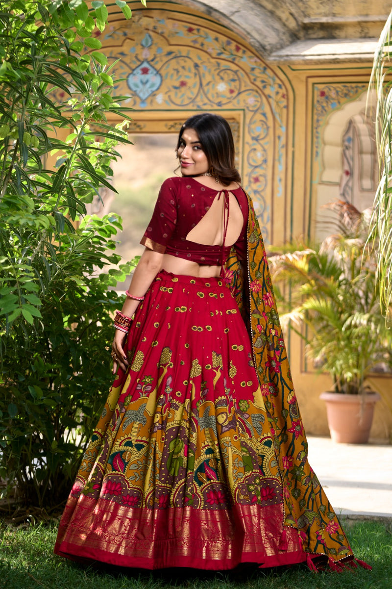 MAROON COLOUR Elegant Tussar Silk Kalamkari Lehenga Choli