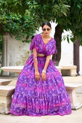 PURPLE COLOR Chiffon Floral Print Co-ord Set