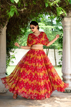 RED COLOUR CHIFFON Floral Co-ord Set