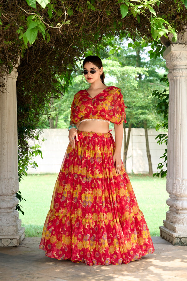 RED COLOUR CHIFFON Floral Co-ord Set