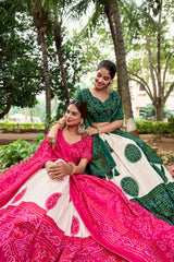 Pink & Green Tussar Lehenga Choli with Bandhej Print