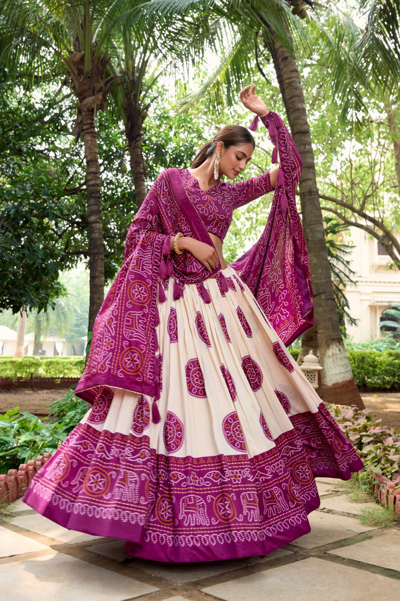 Purple & Red Tussar Lehenga Choli with Bandhej Print