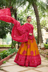 Purple & Red Tussar Lehenga Choli with Bandhej Print