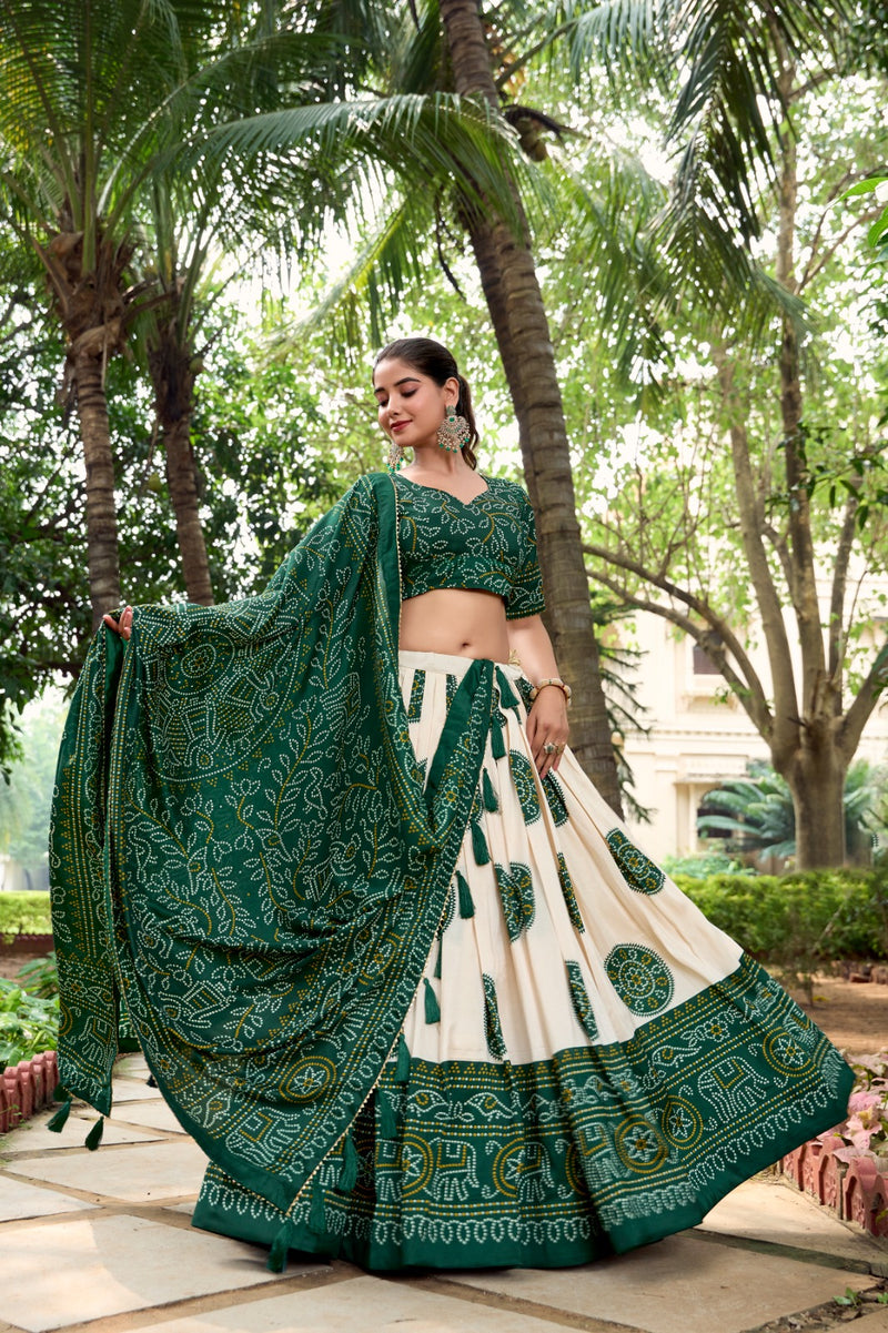 Pink & Green Tussar Lehenga Choli with Bandhej Print