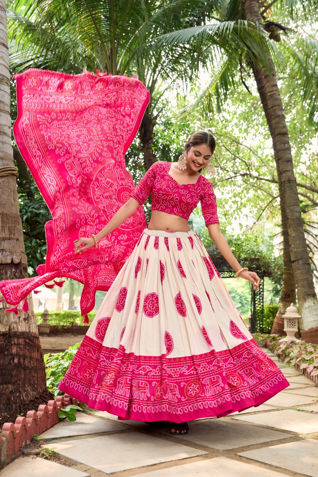 Pink & Green Tussar Lehenga Choli with Bandhej Print