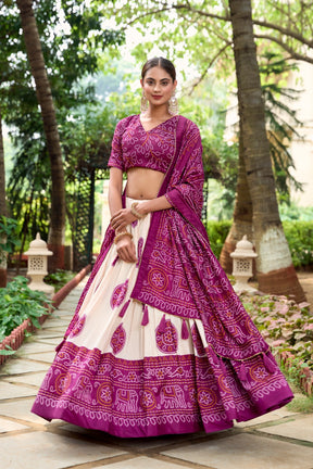 Purple Tussar Lehenga Choli with Bandhej Print