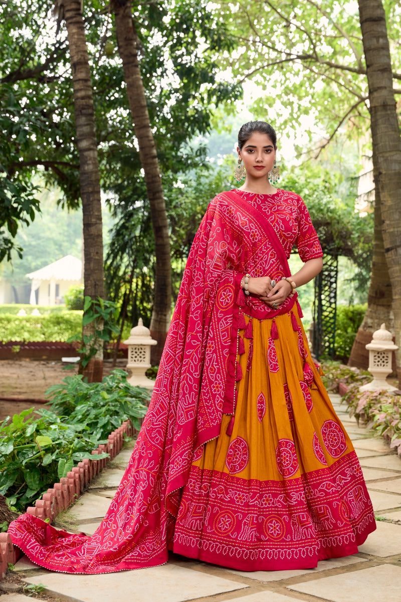 Purple & Red Tussar Lehenga Choli with Bandhej Print