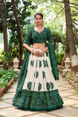 Pink & Green Tussar Lehenga Choli with Bandhej Print